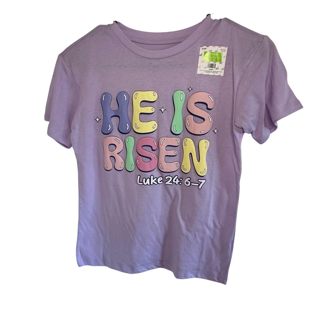 Nwt kids freeze purple Tshirt ”he is risen” easter christian size large